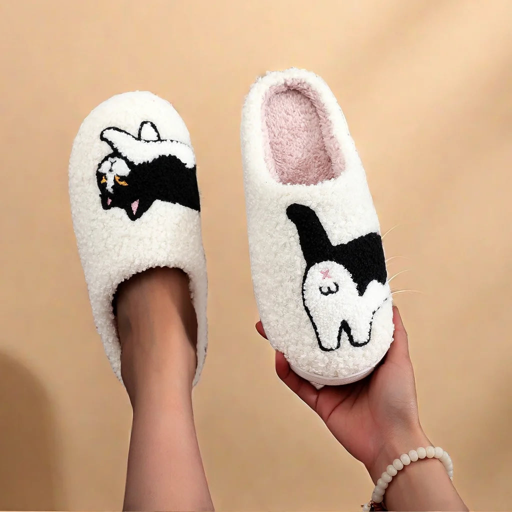 Cow Cat Pet Pattern Embroidered Plush Home Thick-Soled Comfortable Woolen Cotton Slippers Cute Warm Non-Slip Indoor Slippers Pet Mother Gift Cat Lovers Men and Women Can Wear