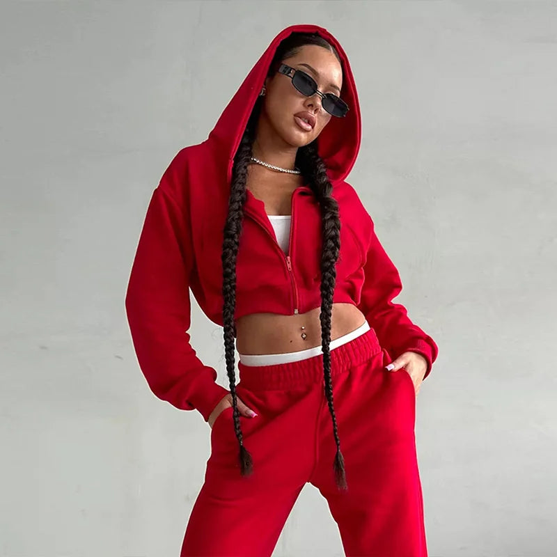 Sweatshirt Two-piece Suit Women's Casual Sports Sets Sexy High-waist Hoodies Short Zip-up Jacket Straight Trousers 2-piece Sets