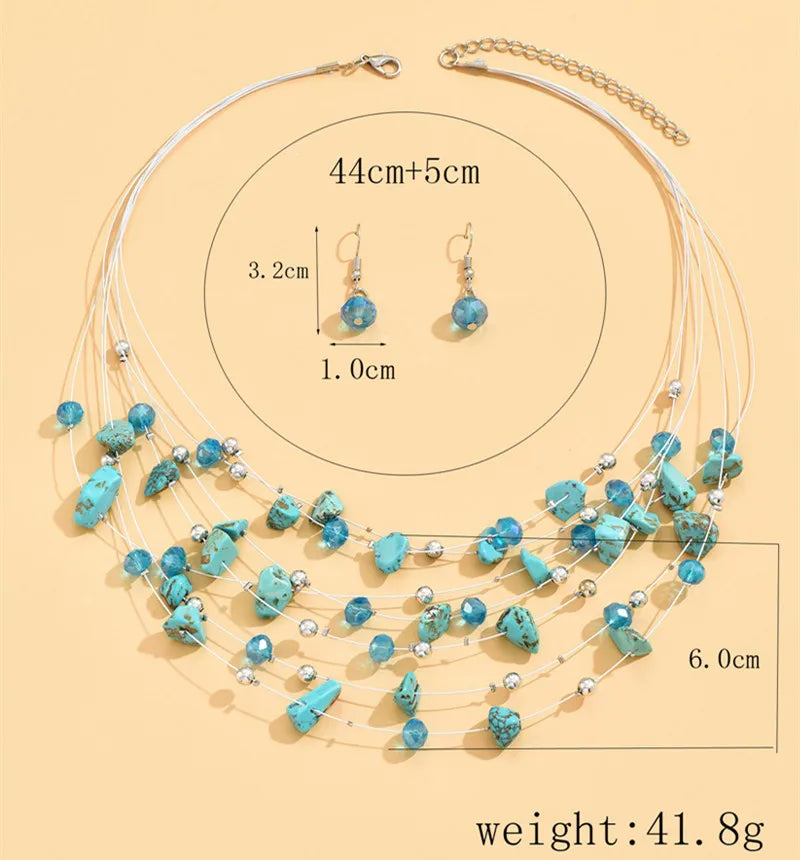 Multilayer Natural Stone Ethnic Necklace Earrings Set