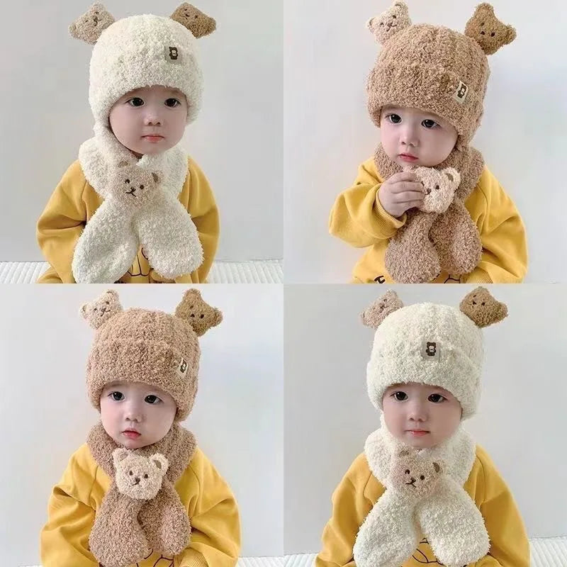 Baby Hats Winter Kids Beanie Hat Plush Scarf Warm Ear Protection Caps Windproof Knitted Earflaps Hat Chlidren Baby Stuff