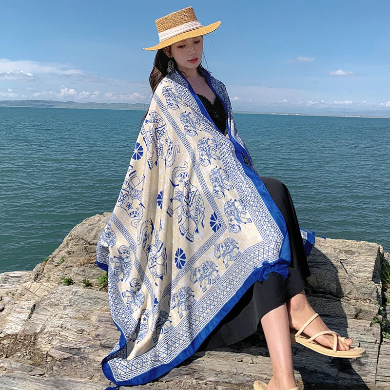 Design Brand Women Scarf Sunscreen Cotton Shawls Dual-Use Summer Autumn Long Scarves Seaside Holiday Beach Towel Beachwear Veils