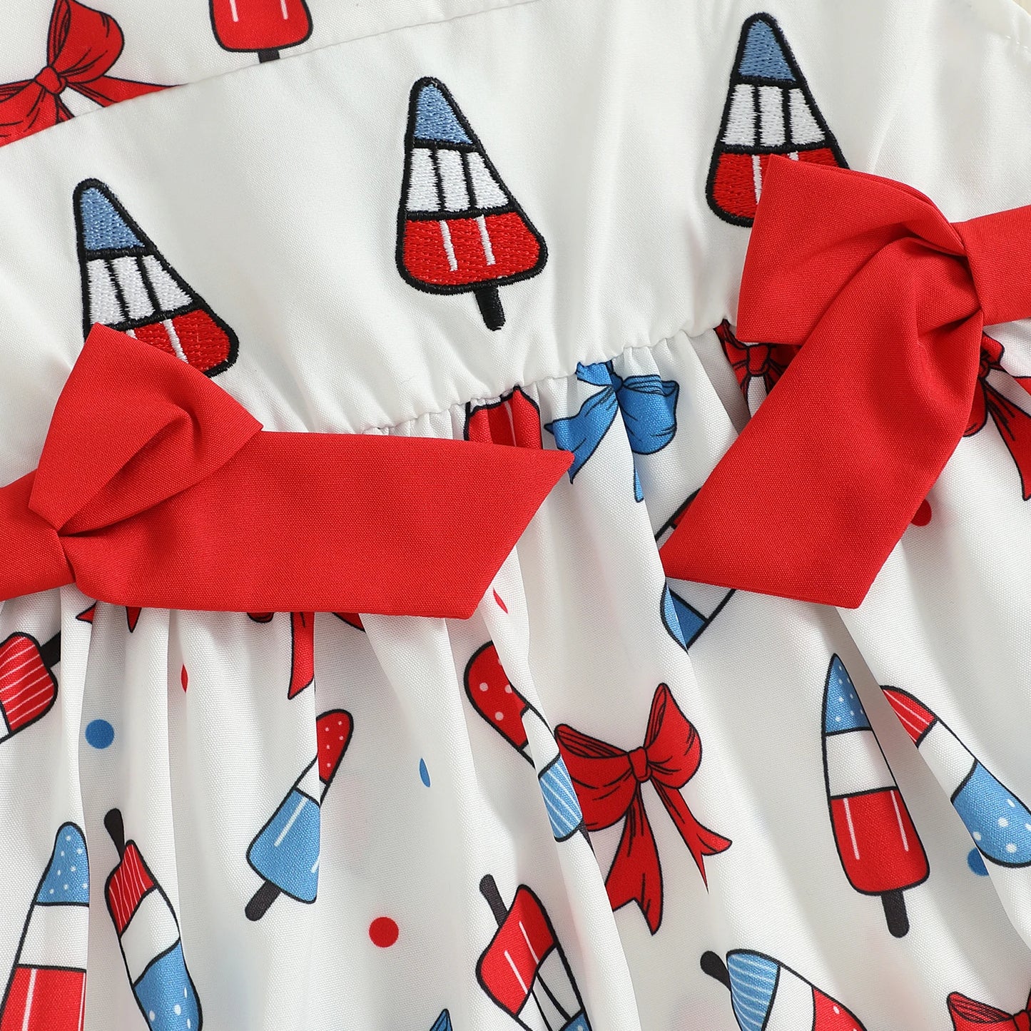 Baby Girl 4th of July Romper Flying Sleeve Round Neck Ice Cream Printed Bow Bodysuit