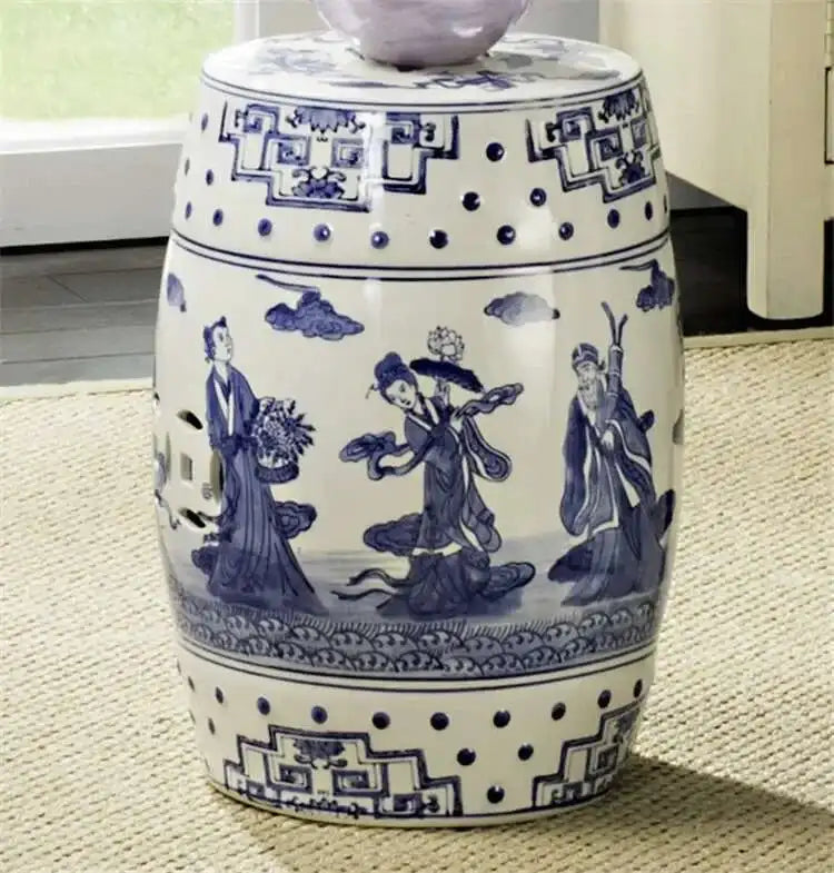 Hand Drawn Blue and White Porcelain Shoe Changing Stool Ceramic Drum Bathroom Neoclassical Imitation Sitting Stool Low Round