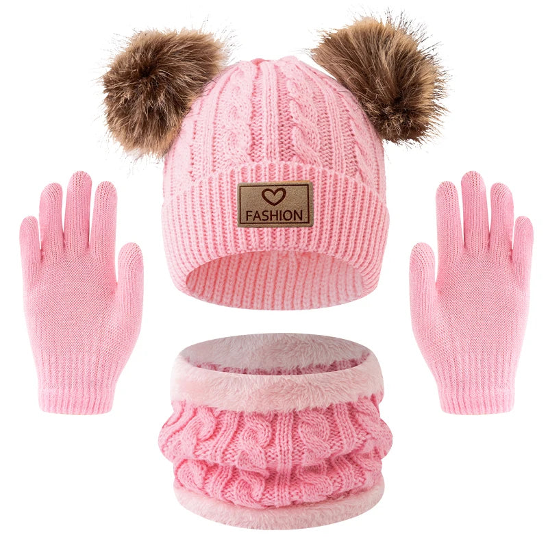 3pc Autumn and Winter Children's Hat, Neck and Gloves Set 2-12Y