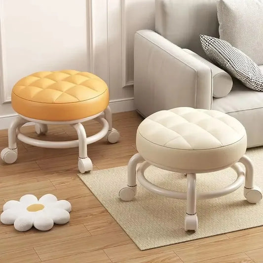 Synthetic Leather Round Stool with Universal Wheels