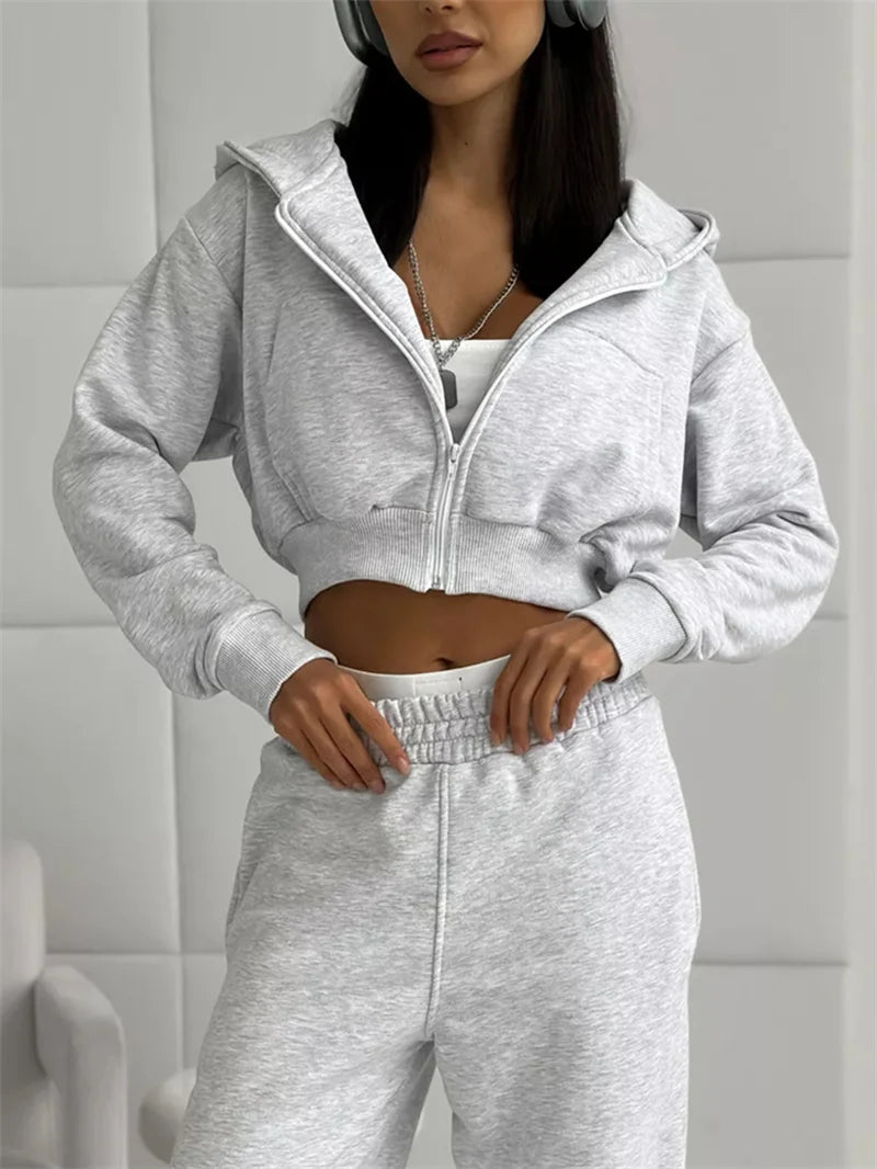 Sweatshirt Two-piece Suit Women's Casual Sports Sets Sexy High-waist Hoodies Short Zip-up Jacket Straight Trousers 2-piece Sets