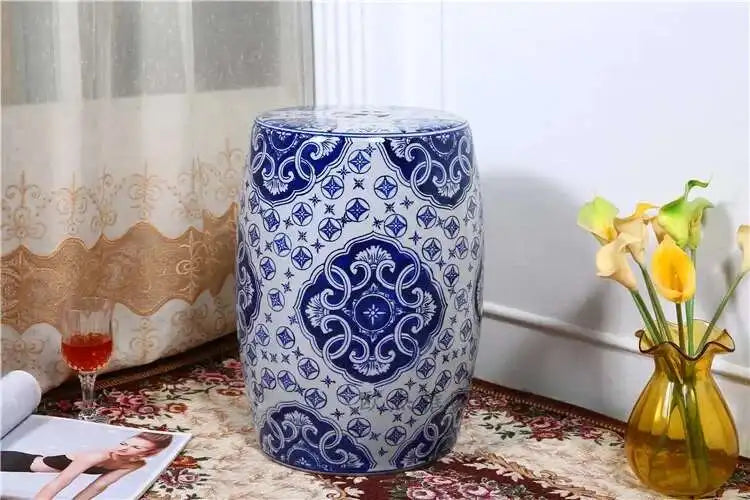 Hand Drawn Blue and White Porcelain Shoe Changing Stool Ceramic Drum Bathroom Neoclassical Imitation Sitting Stool Low Round