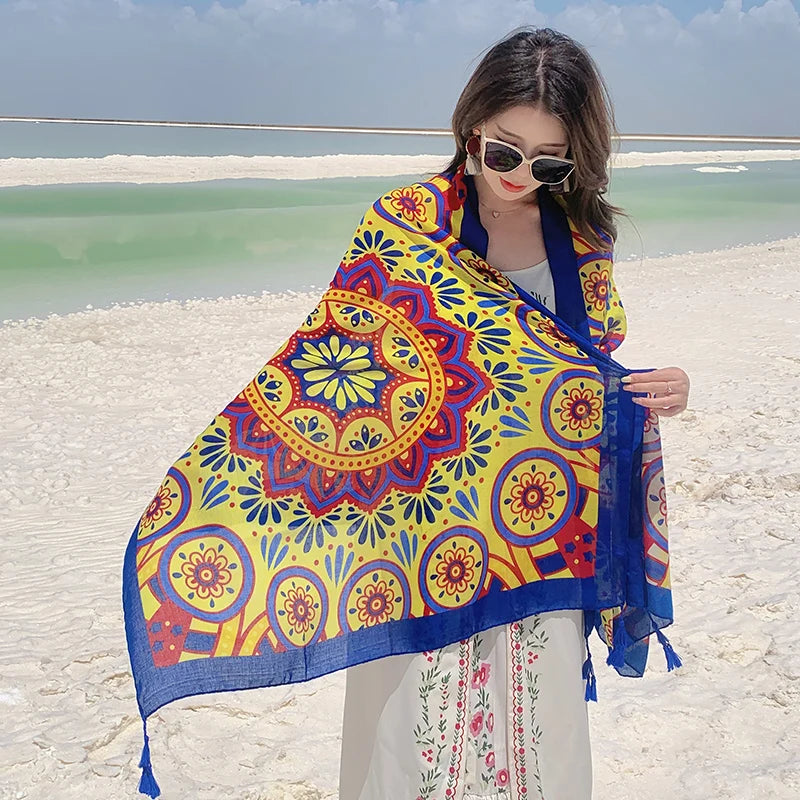 Design Brand Women Scarf Sunscreen Cotton Shawls Dual-Use Summer Autumn Long Scarves Seaside Holiday Beach Towel Beachwear Veils
