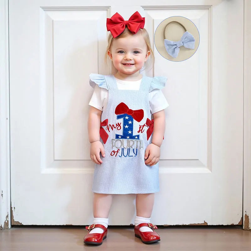 Infant Girls American Flag Romper with Matching Plaid Dress and Headband - Patriotic 3 Piece Outfit Set for Baby Girl