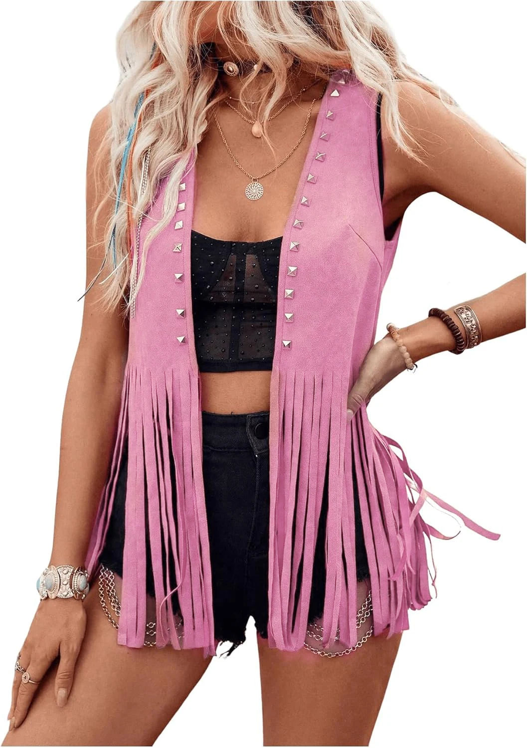 Rivet Tassel Open Front Sleeveless Faux Suede Vest