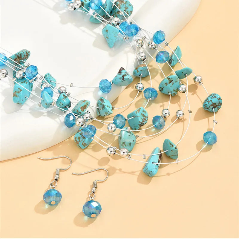 Multilayer Natural Stone Ethnic Necklace Earrings Set