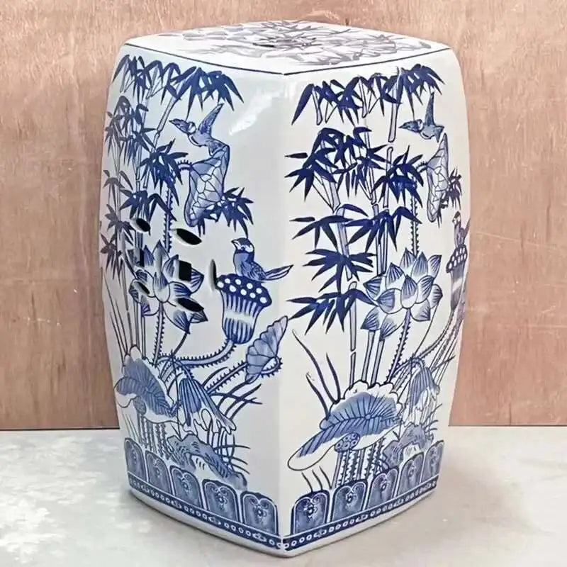 Hand Drawn Blue and White Porcelain Shoe Changing Stool Ceramic Drum Bathroom Neoclassical Imitation Sitting Stool Low Round