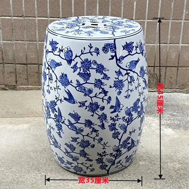 Hand Drawn Blue and White Porcelain Shoe Changing Stool Ceramic Drum Bathroom Neoclassical Imitation Sitting Stool Low Round