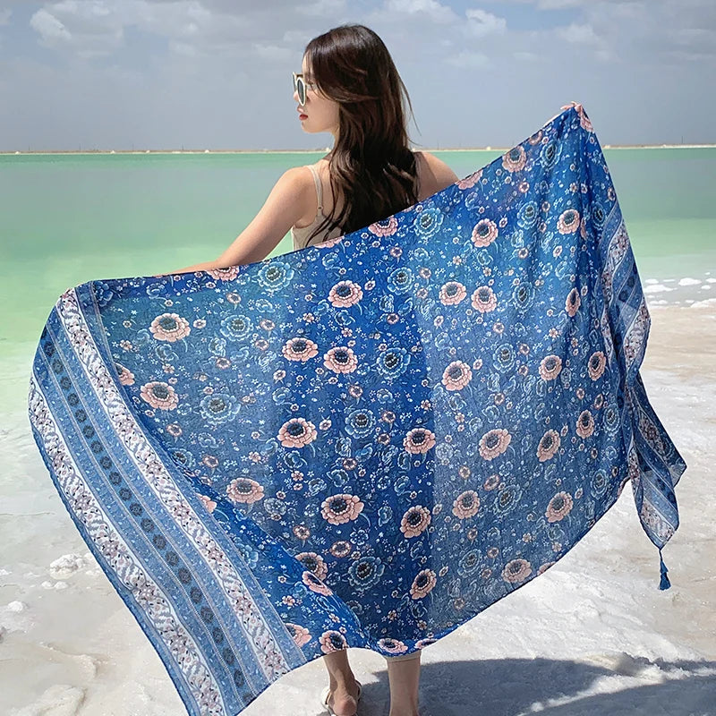 Design Brand Women Scarf Sunscreen Cotton Shawls Dual-Use Summer Autumn Long Scarves Seaside Holiday Beach Towel Beachwear Veils
