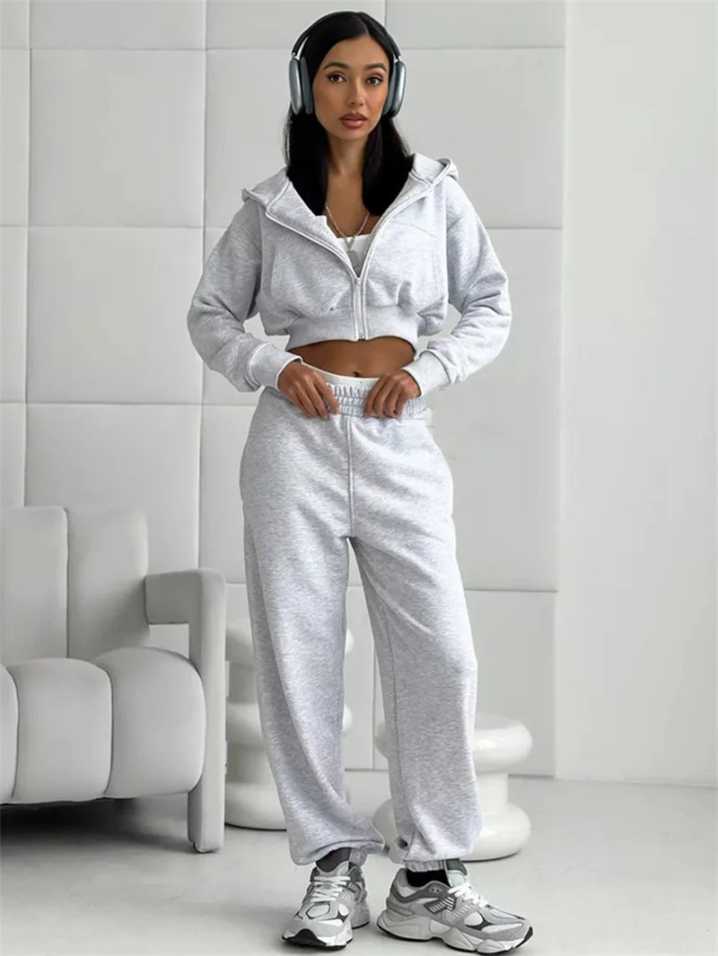 Sweatshirt Two-piece Suit Women's Casual Sports Sets Sexy High-waist Hoodies Short Zip-up Jacket Straight Trousers 2-piece Sets