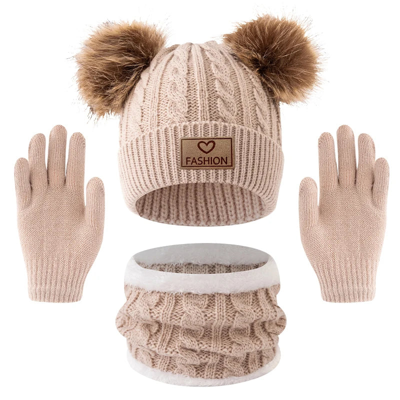 3pc Autumn and Winter Children's Hat, Neck and Gloves Set 2-12Y