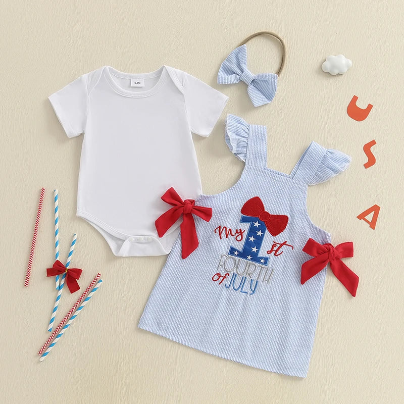 Infant Girls American Flag Romper with Matching Plaid Dress and Headband - Patriotic 3 Piece Outfit Set for Baby Girl