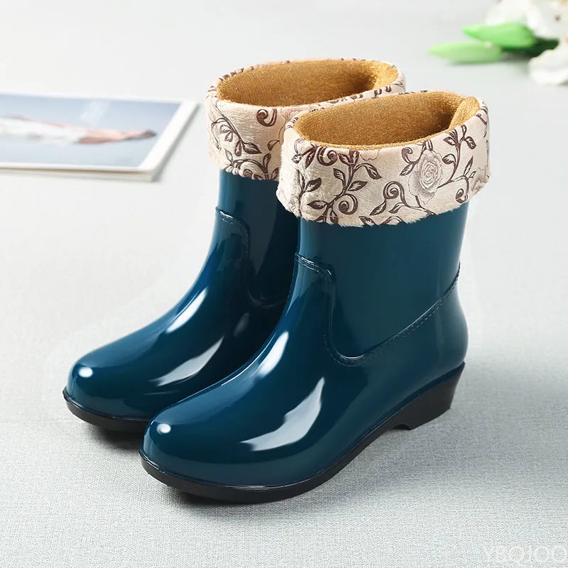 2025 Four Season Fashionable Fleece Warm Midsole Women's Rain Boots Waterproof Anti Slip Wear-resistant Women's Work Rain Boots