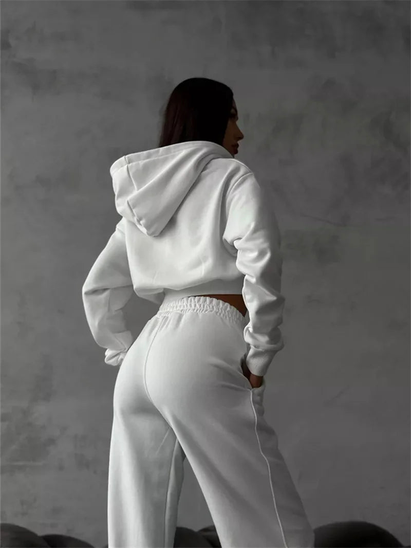 Sweatshirt Two-piece Suit Women's Casual Sports Sets Sexy High-waist Hoodies Short Zip-up Jacket Straight Trousers 2-piece Sets