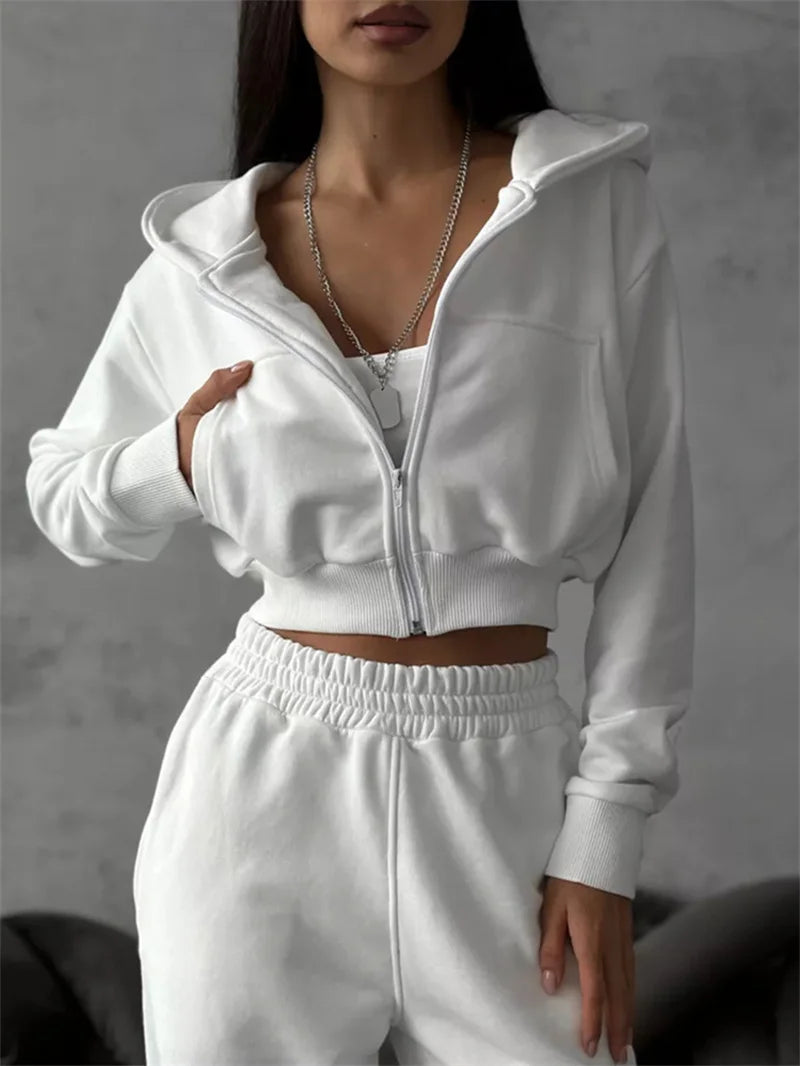 Sweatshirt Two-piece Suit Women's Casual Sports Sets Sexy High-waist Hoodies Short Zip-up Jacket Straight Trousers 2-piece Sets