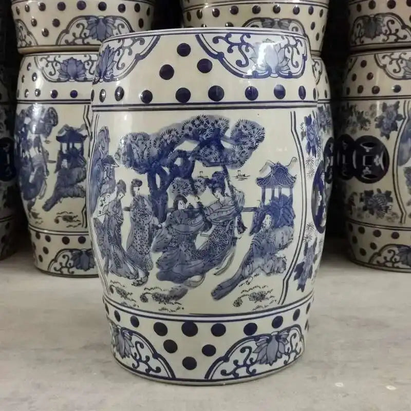 Hand Drawn Blue and White Porcelain Shoe Changing Stool Ceramic Drum Bathroom Neoclassical Imitation Sitting Stool Low Round