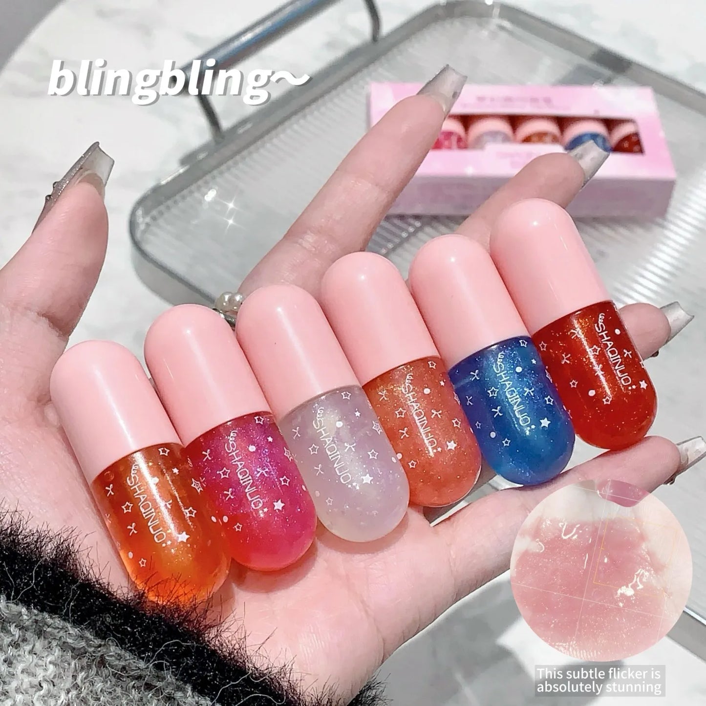 Shimmery Glitter Moisturizing Lip Gloss Set 6 Colors Highly Pigmented Fine Shine Long Wear Cute Lipgloss Set