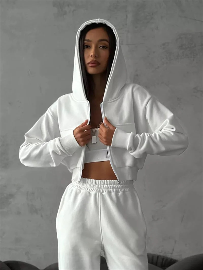 Sweatshirt Two-piece Suit Women's Casual Sports Sets Sexy High-waist Hoodies Short Zip-up Jacket Straight Trousers 2-piece Sets