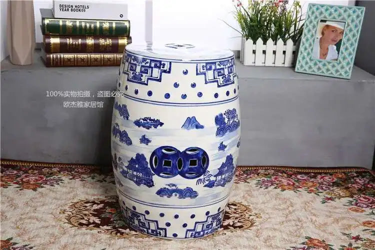 Hand Drawn Blue and White Porcelain Shoe Changing Stool Ceramic Drum Bathroom Neoclassical Imitation Sitting Stool Low Round