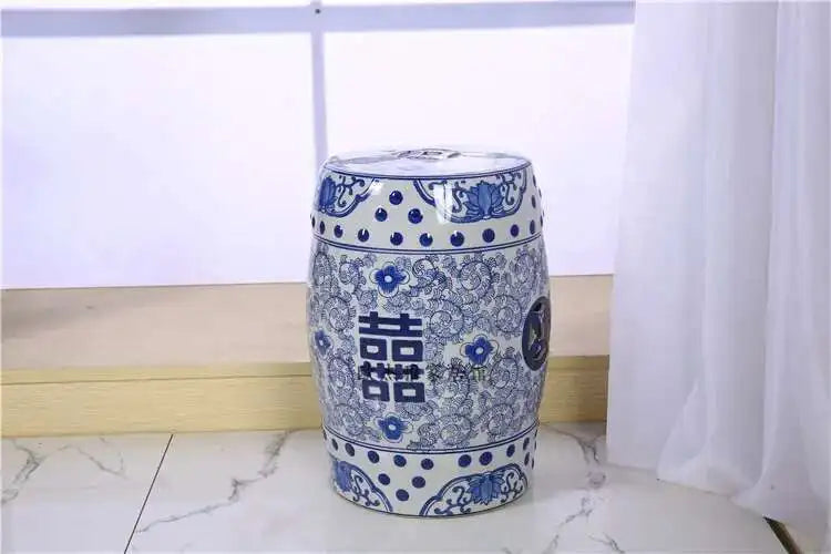 Hand Drawn Blue and White Porcelain Shoe Changing Stool Ceramic Drum Bathroom Neoclassical Imitation Sitting Stool Low Round