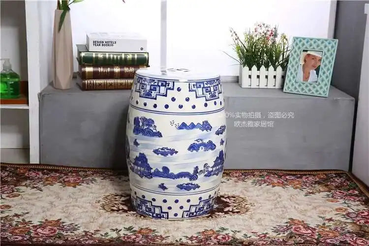 Hand Drawn Blue and White Porcelain Shoe Changing Stool Ceramic Drum Bathroom Neoclassical Imitation Sitting Stool Low Round