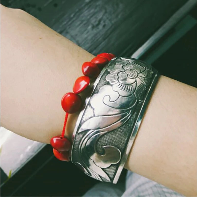 Bohemian Ethnic Style Retro Silver Wide Bracelet for Women Carved Flower Opening Fashionable Bracelet Boho Vintage Jewelry