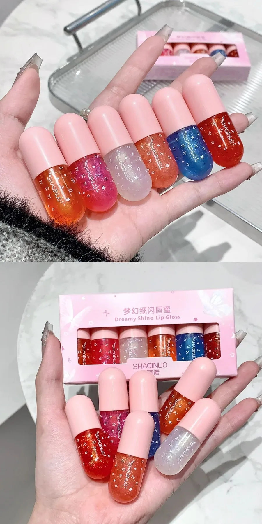 Shimmery Glitter Moisturizing Lip Gloss Set 6 Colors Highly Pigmented Fine Shine Long Wear Cute Lipgloss Set