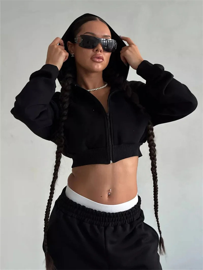 Sweatshirt Two-piece Suit Women's Casual Sports Sets Sexy High-waist Hoodies Short Zip-up Jacket Straight Trousers 2-piece Sets