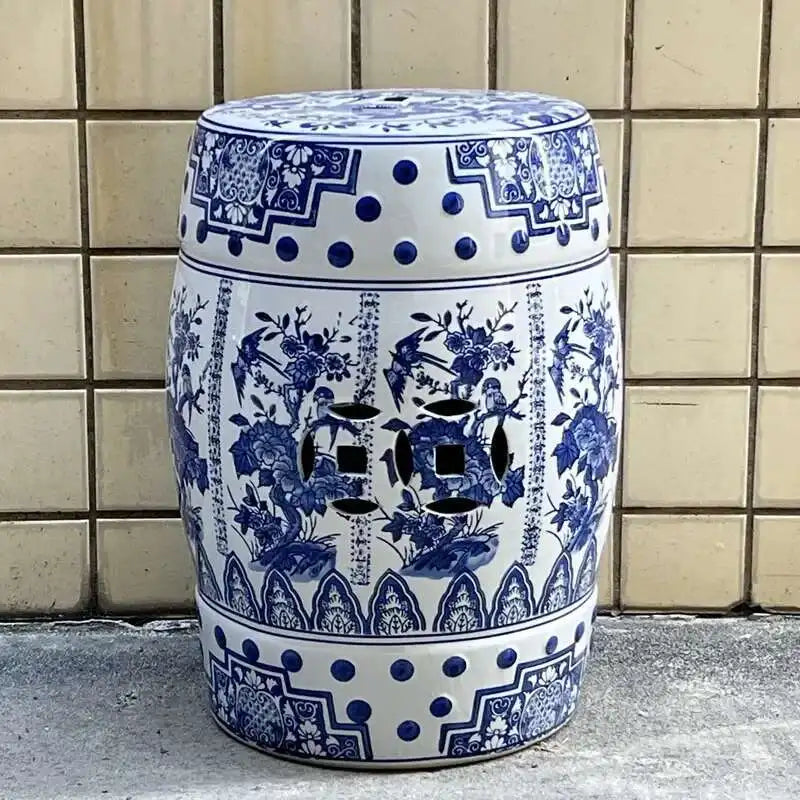 Hand Drawn Blue and White Porcelain Shoe Changing Stool Ceramic Drum Bathroom Neoclassical Imitation Sitting Stool Low Round