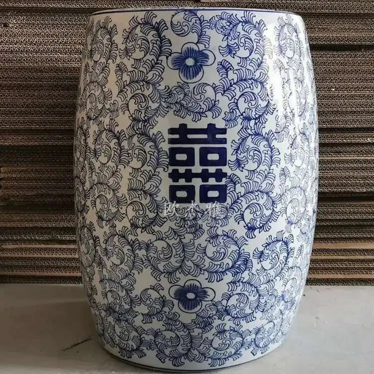 Hand Drawn Blue and White Porcelain Shoe Changing Stool Ceramic Drum Bathroom Neoclassical Imitation Sitting Stool Low Round