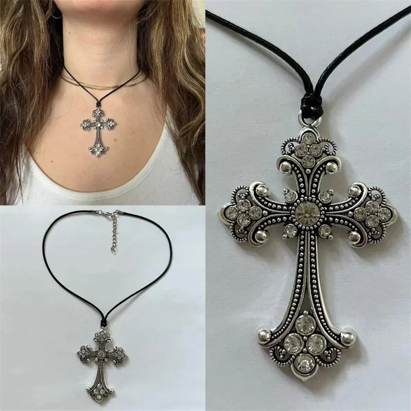 Large Detailed Rhinestone Cross Choker