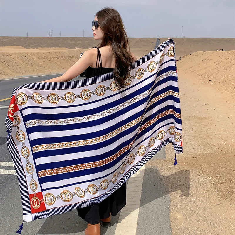 Design Brand Women Scarf Sunscreen Cotton Shawls Dual-Use Summer Autumn Long Scarves Seaside Holiday Beach Towel Beachwear Veils