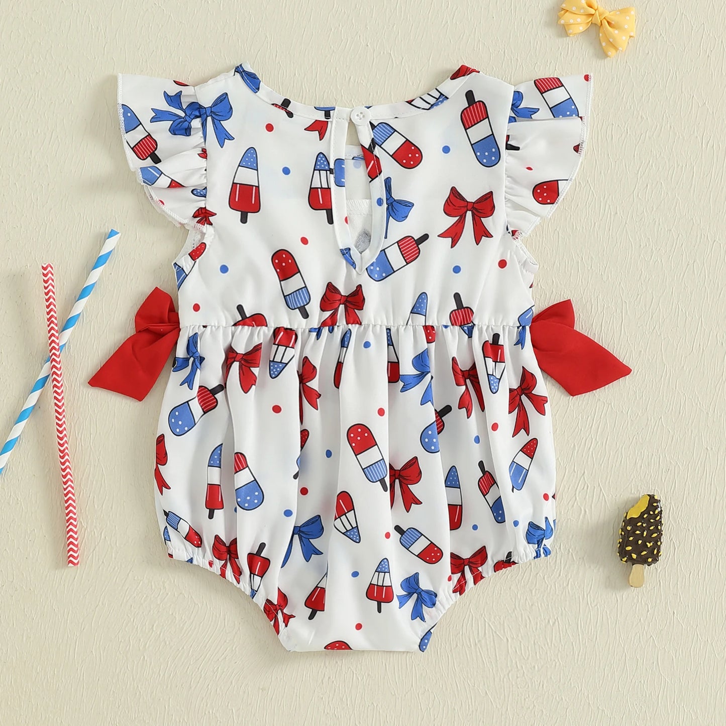 Baby Girl 4th of July Romper Flying Sleeve Round Neck Ice Cream Printed Bow Bodysuit