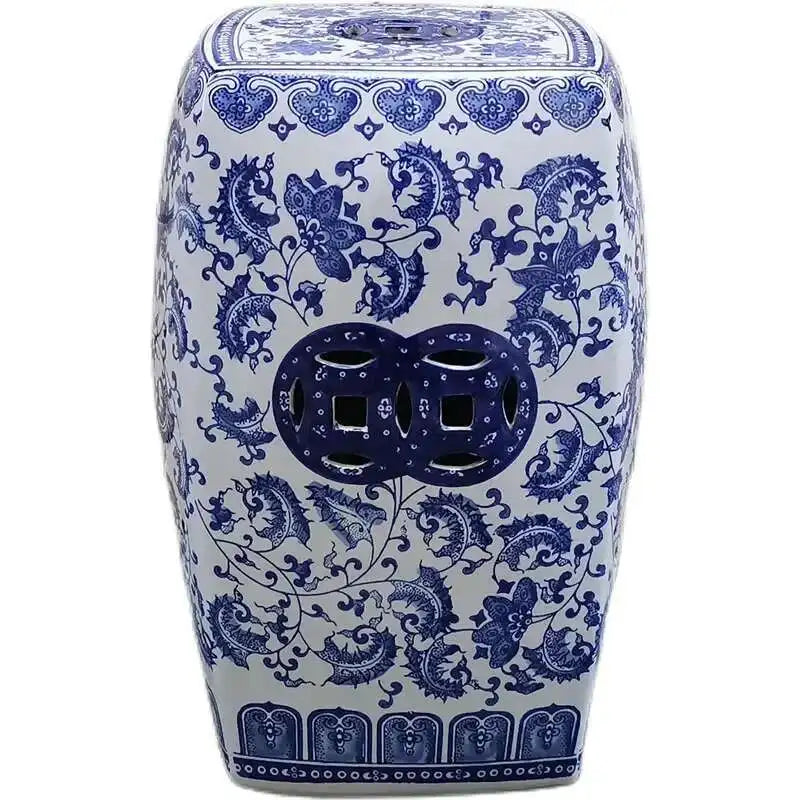 Hand Drawn Blue and White Porcelain Shoe Changing Stool Ceramic Drum Bathroom Neoclassical Imitation Sitting Stool Low Round