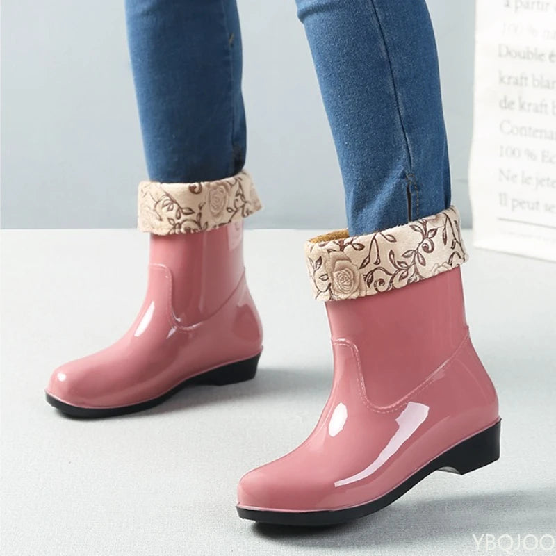 2025 Four Season Fashionable Fleece Warm Midsole Women's Rain Boots Waterproof Anti Slip Wear-resistant Women's Work Rain Boots