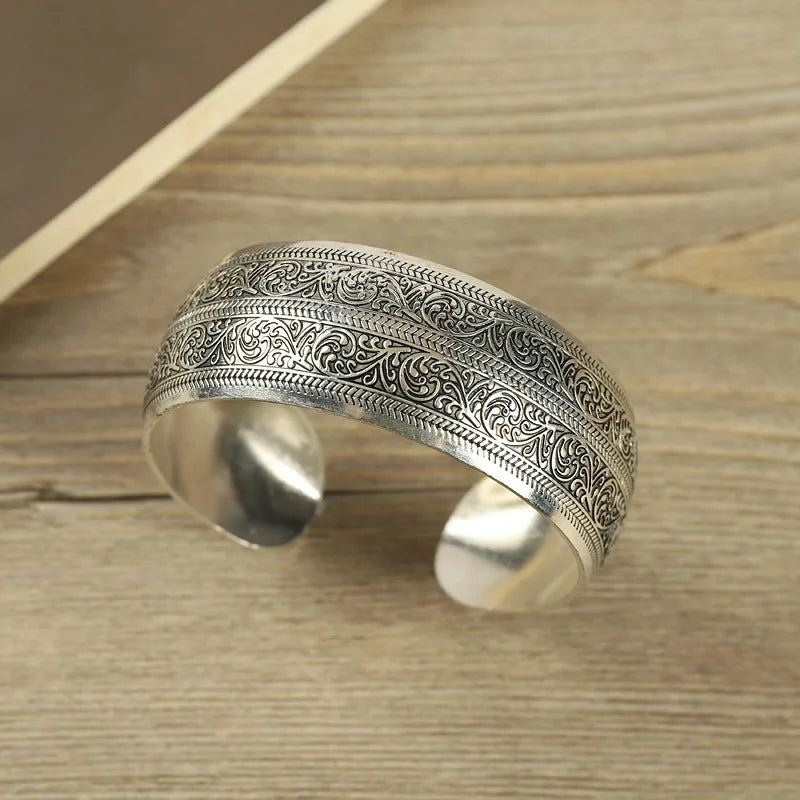 Bohemian Ethnic Style Retro Silver Wide Bracelet for Women Carved Flower Opening Fashionable Bracelet Boho Vintage Jewelry