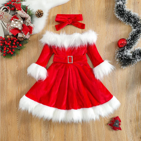 Toddler Baby Girl Christmas Dress Santa Claus Dress Red Velvet Long Sleeve Princess Tulle Dress Headband Outfit