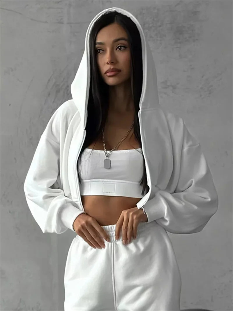 Sweatshirt Two-piece Suit Women's Casual Sports Sets Sexy High-waist Hoodies Short Zip-up Jacket Straight Trousers 2-piece Sets