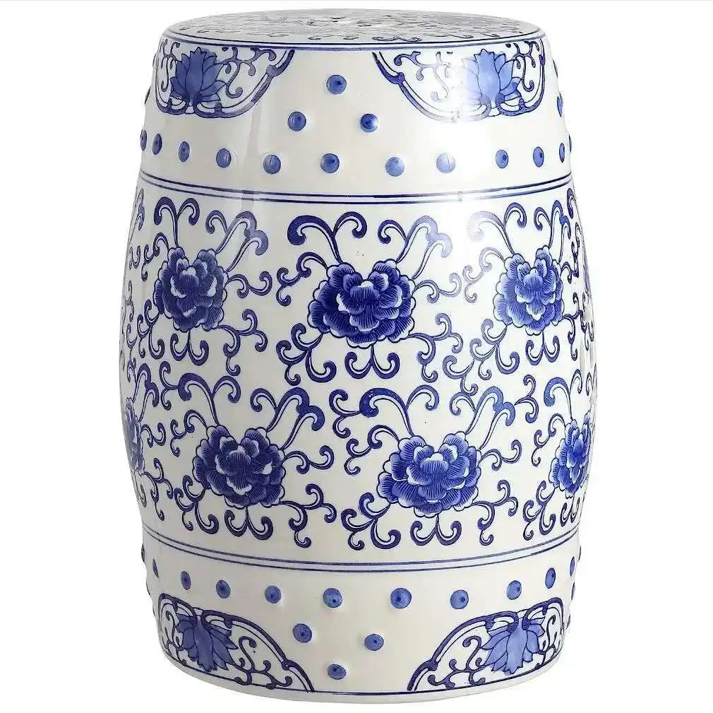 Hand Drawn Blue and White Porcelain Shoe Changing Stool Ceramic Drum Bathroom Neoclassical Imitation Sitting Stool Low Round