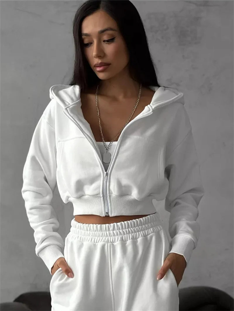 Sweatshirt Two-piece Suit Women's Casual Sports Sets Sexy High-waist Hoodies Short Zip-up Jacket Straight Trousers 2-piece Sets