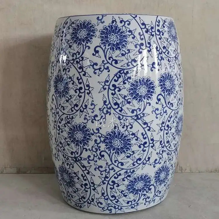Hand Drawn Blue and White Porcelain Shoe Changing Stool Ceramic Drum Bathroom Neoclassical Imitation Sitting Stool Low Round