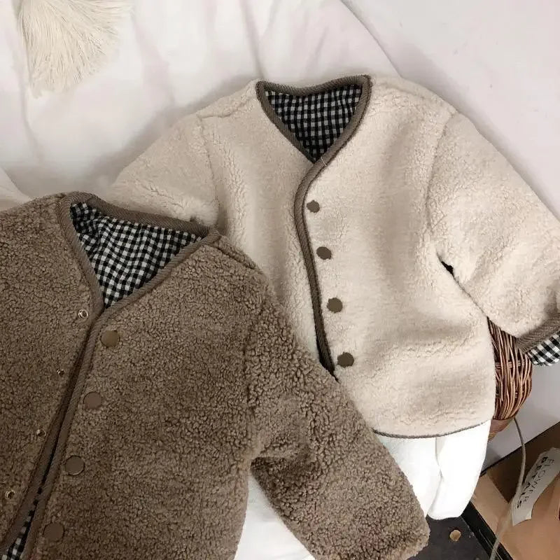 New Autumn and Winter New Warm Jacket Children Two Sides Wear Plaid Plush Jacket Kids Jackets Winter Clothes for Girls