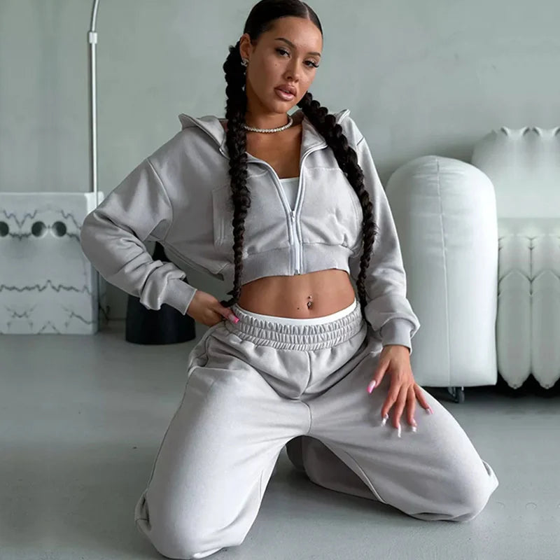 Sweatshirt Two-piece Suit Women's Casual Sports Sets Sexy High-waist Hoodies Short Zip-up Jacket Straight Trousers 2-piece Sets