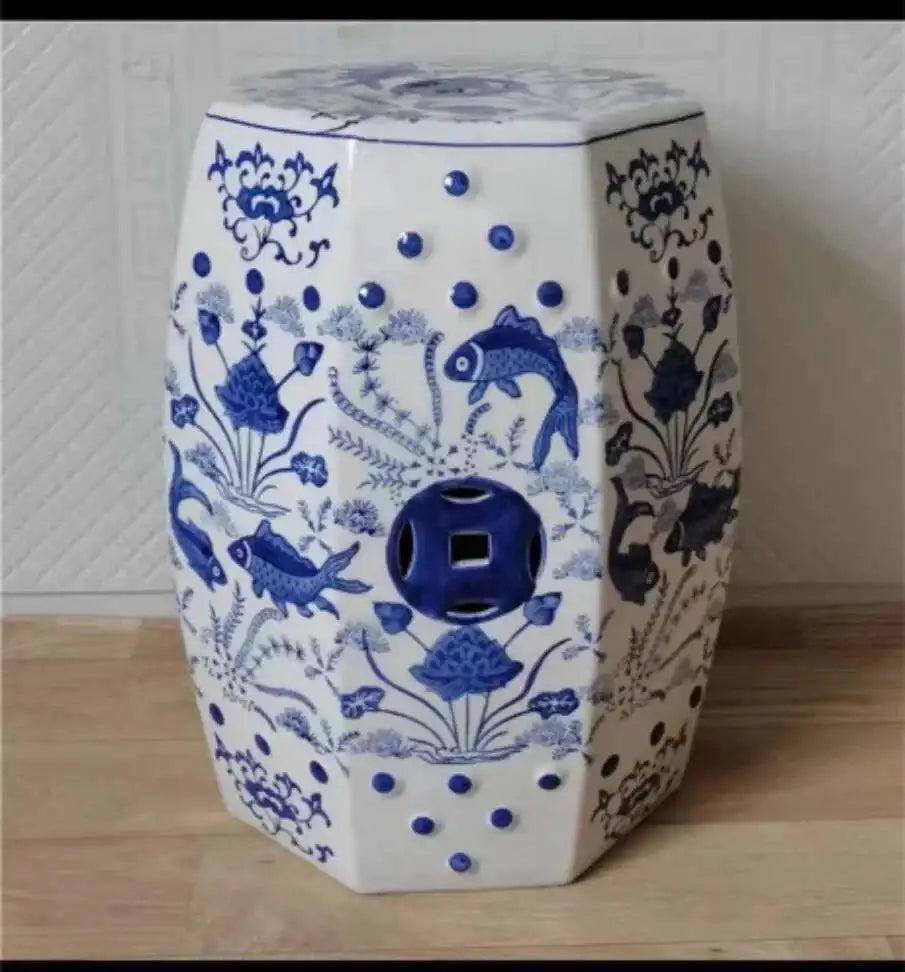 Hand Drawn Blue and White Porcelain Shoe Changing Stool Ceramic Drum Bathroom Neoclassical Imitation Sitting Stool Low Round