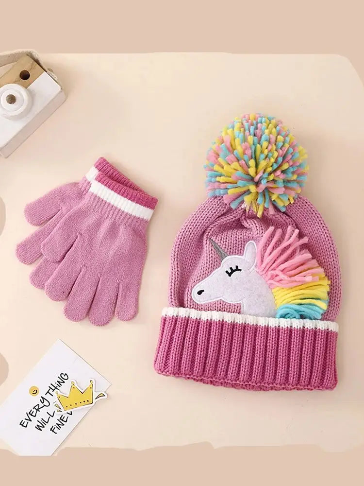 Children's Winter Caps Cartoon Unicorn Knitted Hat Gloves Set Winter Girls' Warm Beanie Mitten Set For Kids 2-6 Years